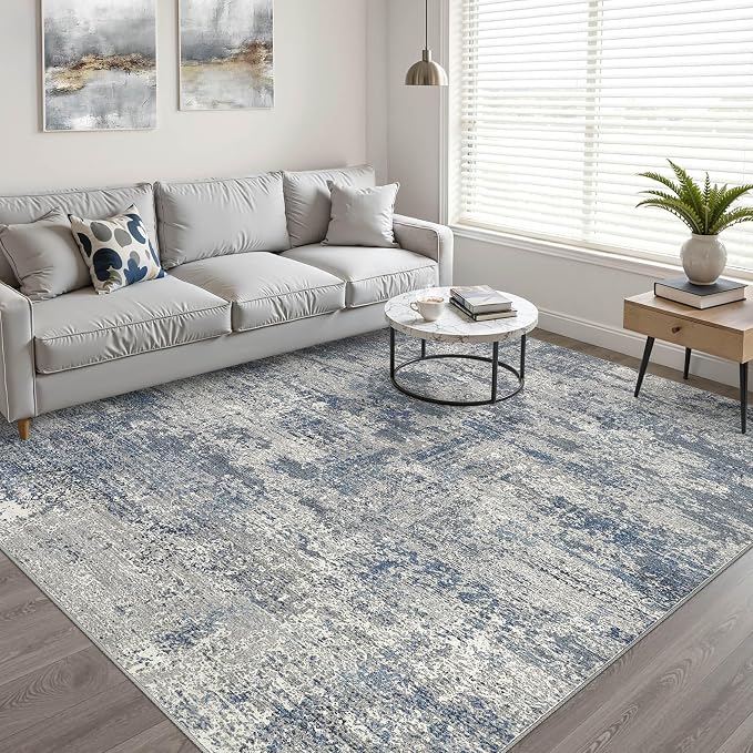 9x12 Area Rug Living Room: Washable Large Neutral Rug Abstract Soft Modern Stain Resistant Indoor Floor Non-Slip Carpet for Bedroom Nursery Kids Office Playroom Dining Room Under Table- Blue Gray