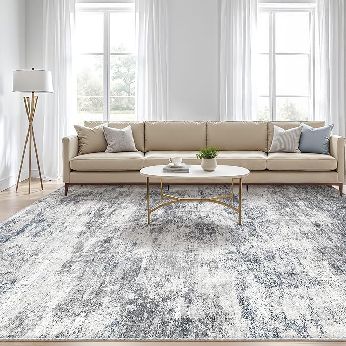 10x14 Area Rugs Living Room: Washable Large Abstract Neutral Modern Soft Rugs Stain Resistant Indoor Floor Non-Slip Accent Carpet for Bedroom Nursery Playroom Office Dining Room Home Decor- Blue Gray