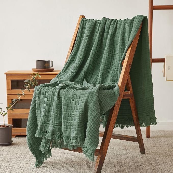 FALUCA Cotton Muslin Throw Blanket 50x60 Inches for Bed, Couch, Knit Woven Gauze Blanket, Soft Lightweight Cozy Breathable Farmhouse Decoration for All-Season, Olive Green