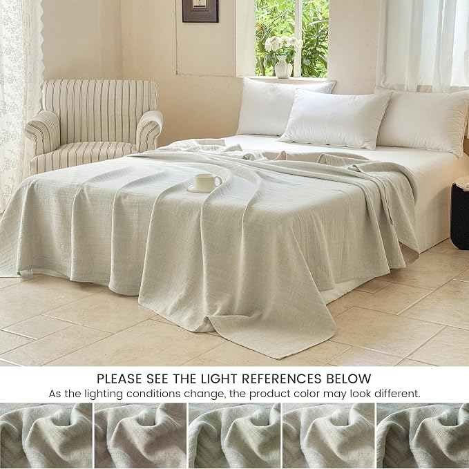 Simple&Opulence Linen Cotton Blanket with Double Layered Folded Edge for Couch/Bed/Sofa/Gift, Natural Flax Solid Color Soft Breathable Cozy Farmhouse Home Décor - Linen, 90"x90"