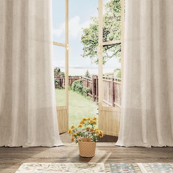 Beige Tan Linen Curtains 84 Inch Length 2 Panel for Bedroom Grommet Burlap Flax Linen Drape Semi Sheer Light Filtering Privacy Neutral Rustic Farmhouse Window Curtain 84 Inches Long for Living Room