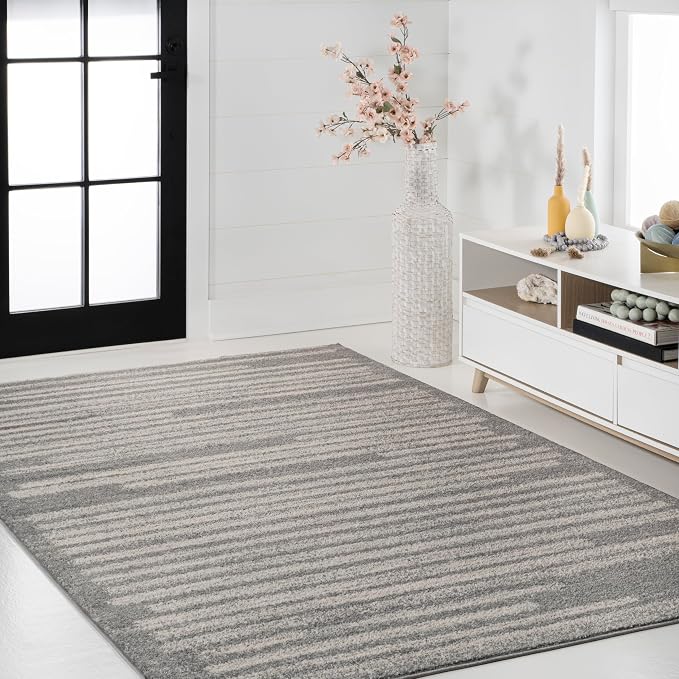 JONATHAN Y Khalil Modern Berber Stripe Gray/Cream Indoor Area Rug, 4x6, Contemporary, Bohemian, Easy-Cleaning for Living Room, Bedroom, Kitchen, Pet Friendly, Non-Shedding (MOH207G-4)