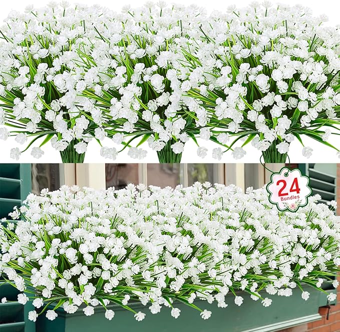 Ouddy Decor 24 Bundles Artificial Flowers for Outdoors UV Resistant Fake Plastic Plants Faux Greenery Stems for Spring Summer Indoor Garden Patio Window Box Kitchen Home Decor, White