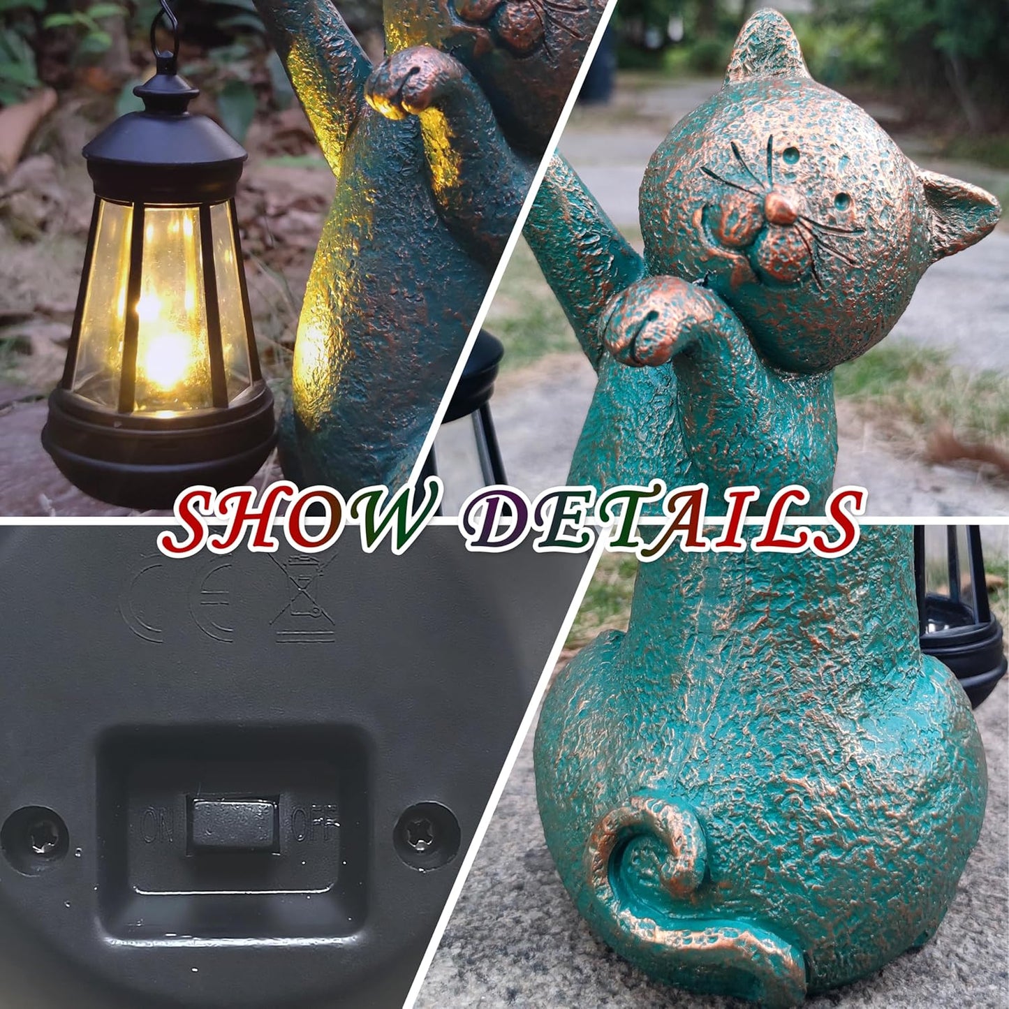 JOYBEE Garden Statues Cat with Solar Lantern Outdoor Decor-Cat Solar Figurines Lights Decorations for Patio Yard Lawn Ornaments-Gifts for Birthday Easter Housewarming