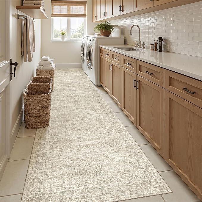 Soalmost Runner Rug 2'6" x 12' Washable Non-Slip Runner Rugs for Kitchen Bathroom Laundry Room Vintage Ultra Thin Runners for Hallway Entryway Beige