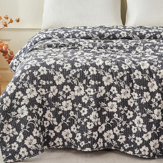 MEJU Vintage Black White Floral Modern Farmhouse Flower Muslin All Season Blanket for Bed Sofa Couch, 100% Combed Cotton 3 Layer Soft Warm Throw Blanket Bed Cover Sheet Twin 60 in x 80 in
