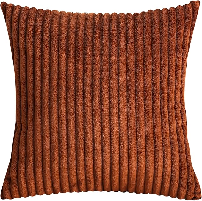 TangDepot Velvet Big Corduroy Pillow Covers 14x14 Chocolate 2-Pack | Soft wide-stripe corduroy pillow cover, hidden zipper, machine washable, easy refresh, for bedroom living room indoor outdoor