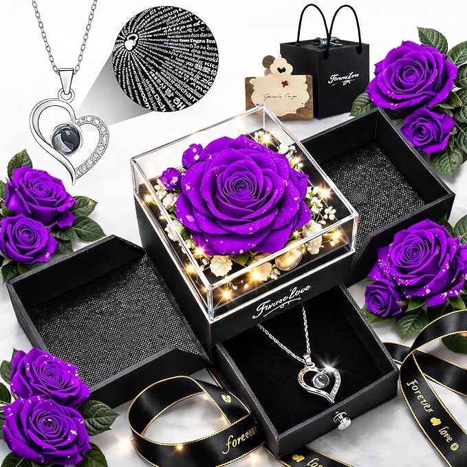Forever Love Preserved Real Rose with Heart Necklace, Mothers Day Gifts for Mom, Wife, Anniversary Birthday Gifts for Women – Projects “I Love You” in 100 Languages