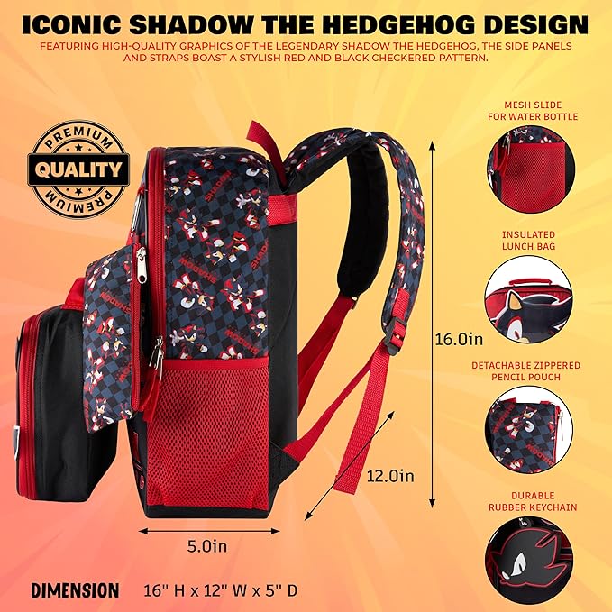 AI ACCESSORY INNOVATIONS Sonic the Hedgehog 5 PC Backpack Set for Girls & Boys, 16” Book Bag Featuring Shadow The Hedgehog, Black