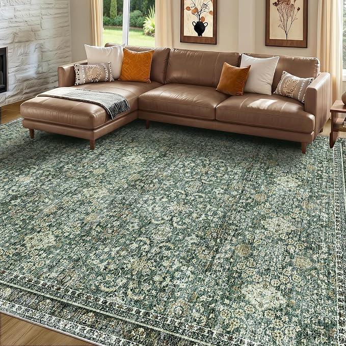 Sasttie 8x10 Area Rugs, Ultra-Soft Washable Rug, Low Pile Foldable Thin Carpets with Non-Slip Backing, Skin-Friendly Stain Resistant Carpet for Living Room, Bedroom, Kitchen, Dorm, 8x10, Dark Green