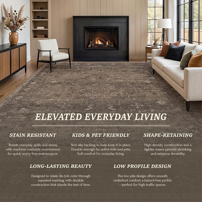 Modern Farmhouse 5x7 Area Rug for Home Office, Dark Neutral Smoky Brown Washable Rug with Vintage Distressed Design, Non-Slip Soft Carpet for Living Room Bedroom Dining Room