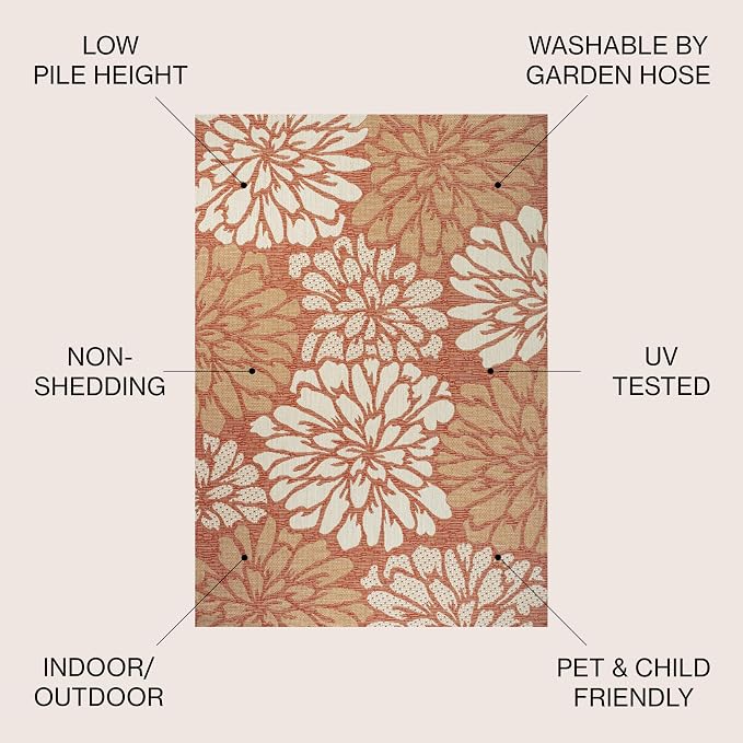 JONATHAN Y Floral Textured Weave Indoor Outdoor Area Rug 4X6 Orange/Cream, Zinnia Modern for Backyard, Patio, Porch, Easy-Cleaning, High Traffic, Pet-Friendly, Non-Shedding (SMB110E-4)
