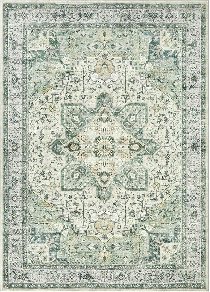 Tortania Area Rug Living Room Rugs - 7x9 Washable Boho Rug Vintage Oriental Distressed Farmhouse Large Thin Indoor Carpet for Living Room Bedroom Under Dining Table Home Office - Green