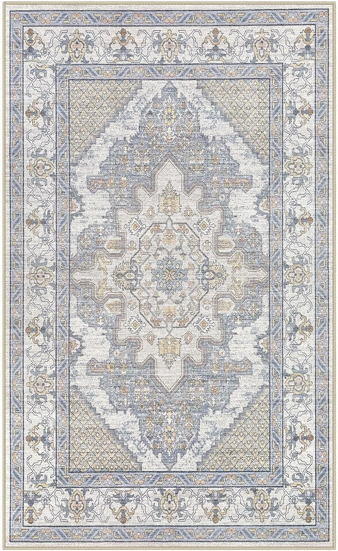 Tortania Area Rug Living Room Rugs - 3x5 Washable Rug Vintage Oriental Distressed Farmhouse Small Thin Indoor Carpet for Living Room Bedroom Under Dining Table Home Office - Blue Beige