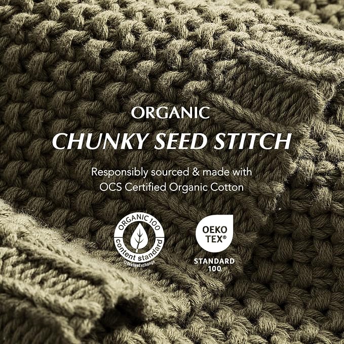EverGrace Organic Cotton Chunky Knit Throw Blanket, 50 x 60 Olive Green | OCS Certified Organic Cotton, Seed Stitch Knit, Soft & Breathable, Cozy Midweight, Decorative Throw for Couch, Bed & Sofa