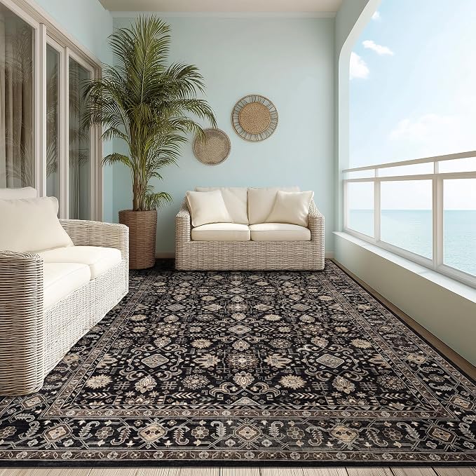 Ruaruarug Washable Area Rug 10x14 for Living Room, Bedroom, Ultra Soft Non Slip Stain & Fade Resistant, Pet & Kids Friendly, Suitable for High Traffic Areas Easy to Clean for Kitchen, Black Gold