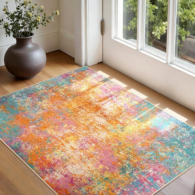 RELEANY Washable Area Rugs 3'x5' Non-Slip Modern Abstract Soft for Living Room Entryway Bedroom Nursery, Print Pattern, Orange Blue Pink Yellow Colorful
