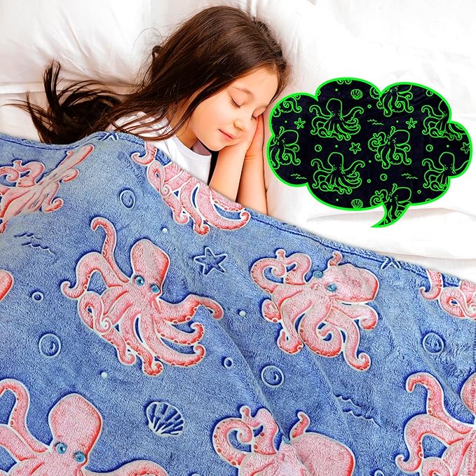 Octopus Toys Birthday Gifts for Boys Girls, Soft Blue Octopus Blanket for Kids Toddlers Travel, Glow in the Dark Ocean Sea Animal Fleece Throw Blanket for Bedroom Game Room Coastal Decor 50"x60"