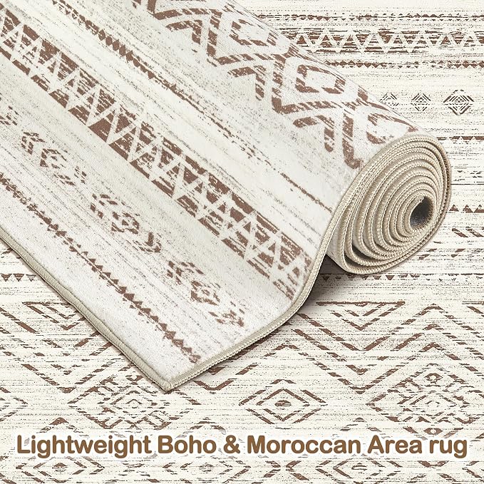 Tortania Area Rug Living Room Rugs - 6x9 Washable Large Soft Neutral Boho Moroccan Bohemian Farmhouse Rug Indoor Floor Carpet for Bedroom Under Dining Table Home Office Decor - Beige Brown