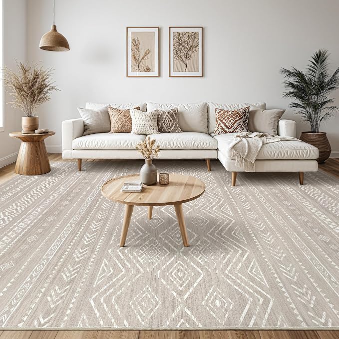 Tortania Area Rug Living Room Rugs - 8x10 Washable Large Soft Neutral Boho Moroccan Bohemian Farmhouse Rug Indoor Floor Carpet for Bedroom Under Dining Table Home Office Decor - Taupe