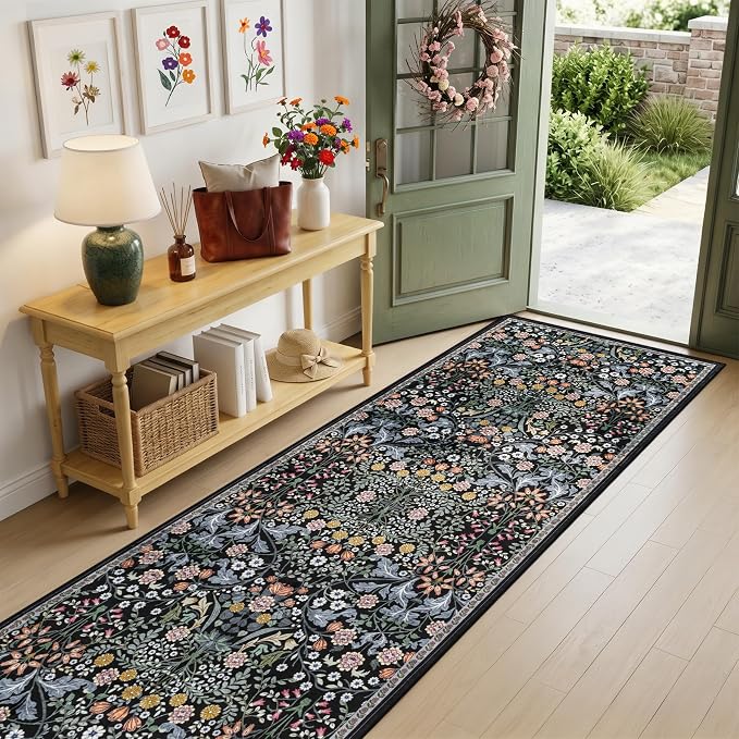 Runner Rug for Entryway: 2.6x14 Kitchen Rugs Non Slip Washable Ultra-Thin Soft Floral Carpet Indoor Floor Stain Resistant Carpets for Hallway Bedroom Kitchen Laundry Bathroom Dorm Dark Black