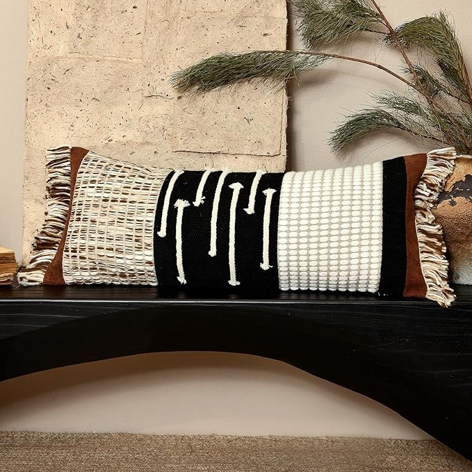 Boho Body Pillow Cover 12x28 Inches, Handwoven Cotton Linen Lumbar Pillow Cover with Tassels, Farmhouse Decorative Cushion Case for Bed Sofa (Black Brown)