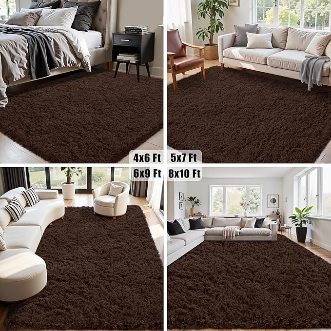 8x10 Area Rug for Living Room:Ultra Soft Fluffy Shag Brown Rugs,Large Fuzzy Plush Indoor Non Slip Carpet Washable Rug for Bedroom Kids Nursery Office Dorm Modern Decor(Brown 8'x10')