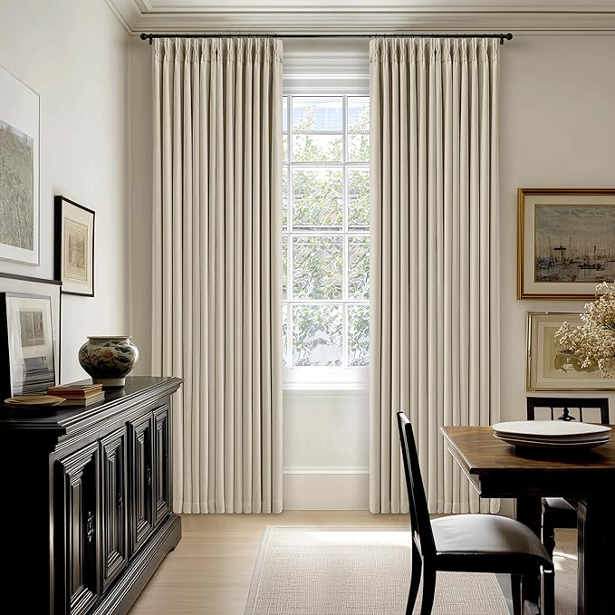 Extra Long Blackout Pleated 108 Inch Curtains Floor Ceiling 2 Panels Set for Living Room Memory Trained Pinch Pleat 100% Black Out Dual Layer Soundproof Thermal Insulated Linen Curtains Oatmeal Beige