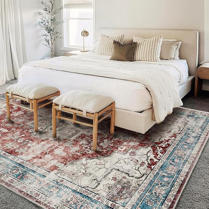 CHAMPLANT Area Washable Rug 5'x7' Red Blue Washable Vintage Traditional Floor Cover Thin Rug Retro Kitchen Indoor Distressed Non Slip Carpet Floral Print Mat Living Room Bedroom Dining Room
