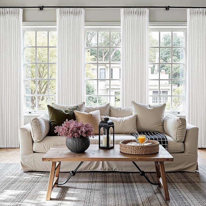100 Inch Wide Pinch Pleated Linen Curtains 112 Inches Long for Living Room Sliding Glass Door Memory Shape Trained Pleated Drapes Beige White Cream Beige Light Filtering Curtains 100W x 112L