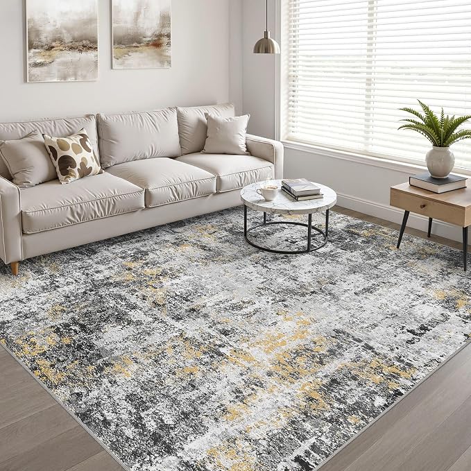 6x9 Area Rugs Living Room: Washable Large Neutral Rug Abstract Soft Modern Stain Resistant Indoor Floor Non-Slip Carpet for Bedroom Nursery Kids Office Playroom Dining Room Under Table- Black Gold