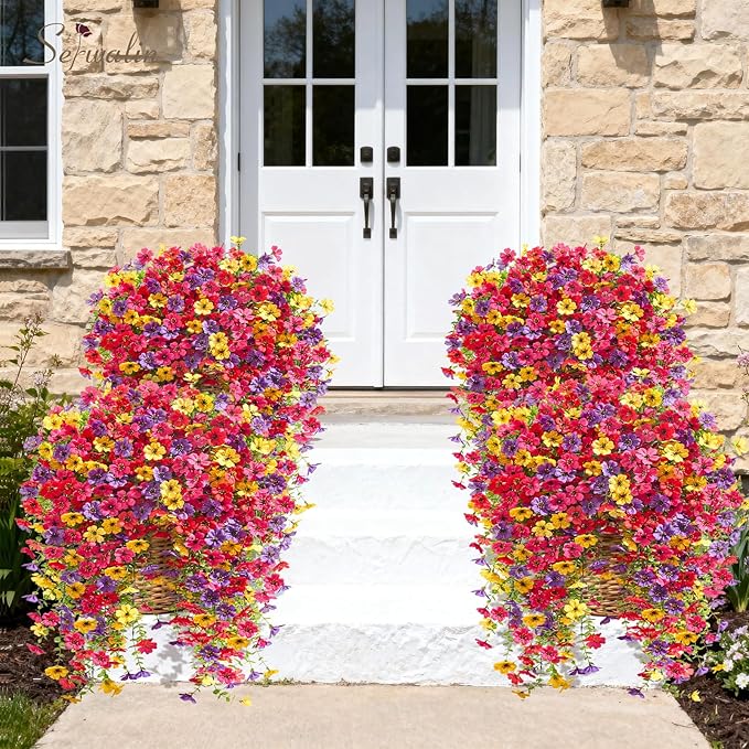 Serwalin 6PCS Artificial Hanging Flowers for Outdoors, UV Resistant Fake Hanging Plants, Realistic Weatherproof Outdoor Decor for Patio, Porch, Garden & Window (Spring Color, 6PCS)