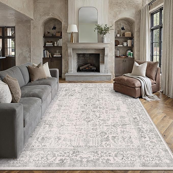 PureCozy Gray Area Rug 6x9 Soft Washable Vintage Living Room Distressed Non Slip Carpet Traditional Indoor Bedroom Grey Retro Floral Accent Throw Large Rug for Office Kitchen Dining Room
