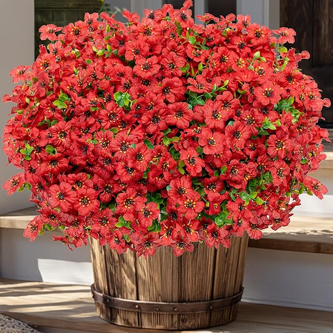 AXYLEX Artificial Flowers for Outdoors Fake Plants - 16 Bundles Faux Outside Greenery Boxwood No Fade Plastic Shrubs Fall Decor Farmhouse Home Garden Thanksgiving Mums (PureRed)