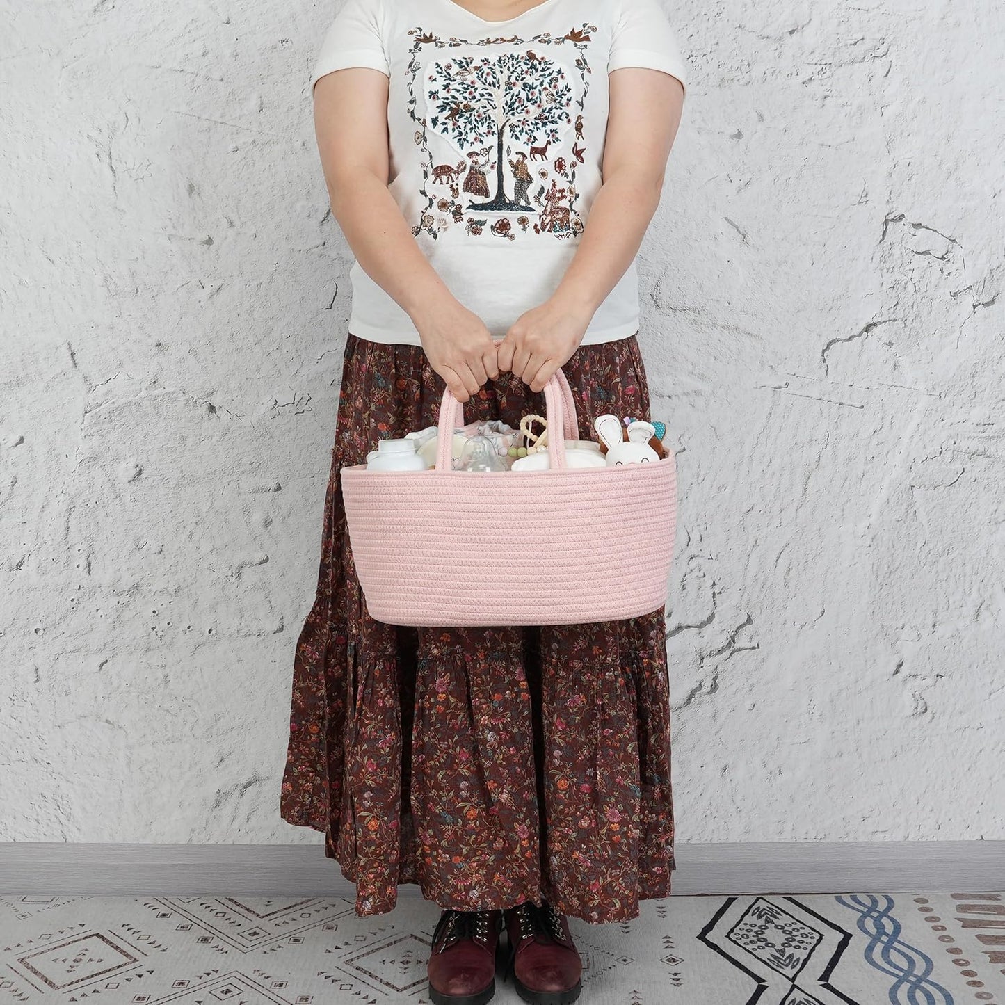 Diaper Caddy Organizer Cotton Rope Baby Basket Nursery Storage and Portable Tote Bag for Car Ideal Baby Shower Gifts and Registry Must-Have for Newborn Essentials coral pink