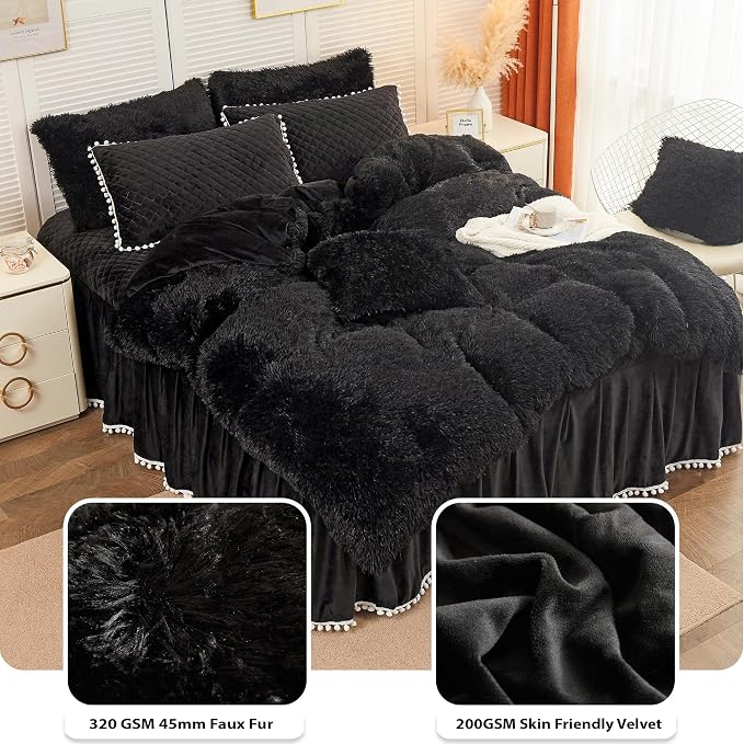 LIFEREVO Luxury Plush Shaggy Duvet Cover Set, Ultra Soft Fluffy Furry Duvet Cover Set(1 Faux Fur Fuzzy Comforter Cover + 2 Pom Poms Velvet Pillow Cases) Solid Bedding Set, Zipper Closure(King, Black)
