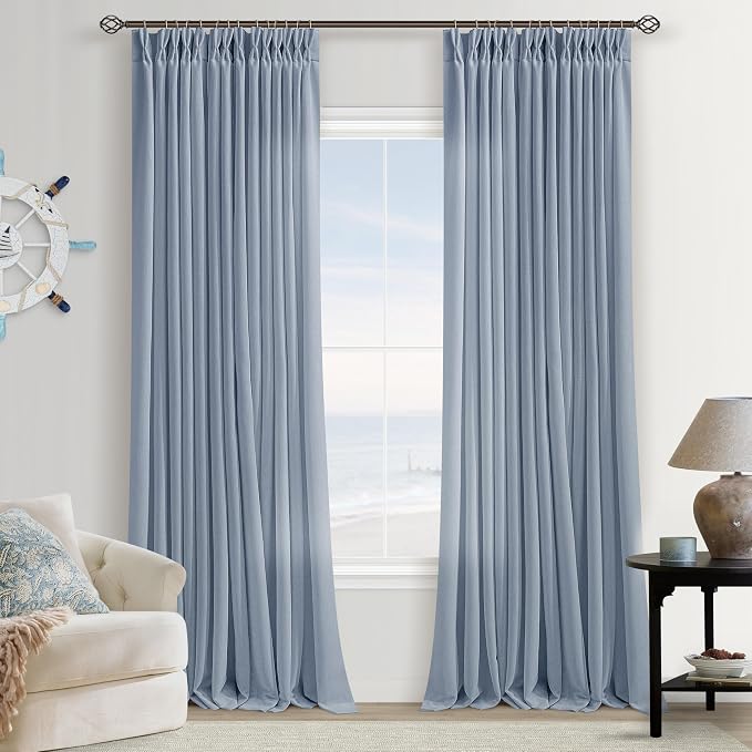 Dusty Blue Linen Curtains 90 Inches Long for Living Room Pinch Pleat Drapes with Hooks Rings Back Tab Farmhouse Modern Neutral Pleated Flagstone Blue Gray Curtain 90 Inch Length for Bedroom Dining