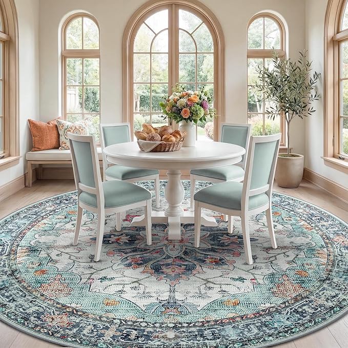 RELEANY Area Rugs 8ft Washable Non-Slip, Floral Vintage Distress Print Pattern Medallion Carpet for Living Room Bedroom Dining Room, Green Navy Blue White Red Teal Colorful