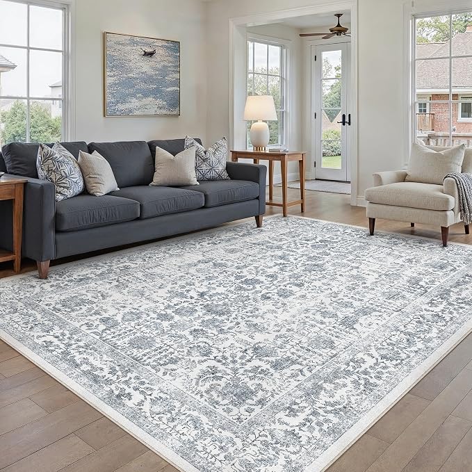 PureCozy Navy Blue Area Rug 8x10 Machine Washable Large Vintage Living Room Distressed Non Slip Carpet Traditional Indoor Bedroom Retro Floral Accent Throw Rug for Office Kitchen Dining Room