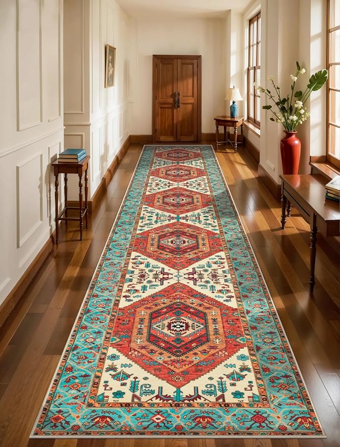 SERISSA Runner Rug for Hallways, 3x14 Washable Non Slip Kitchen Runner Rug, Extra Long Boho Rug Ultra Soft Vintage Orange Print Floor Carpet for Bedroom Hallway Entryway Bathroom Laundry Room