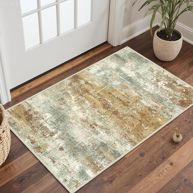 BEIMO 2x3 Rugs for Entryway Entrance Kitchen Bathroom, Machine Washable Modern Abstract Soft Area Rug, Low Pile Indoor Floor Carpet with Non Slip Backing, Orange Green