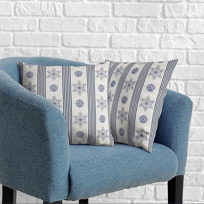 Winter Pillow Covers Blue and White Porcelain Blue Snowflakes Striped Throw Pillow Covers Navy Blue Floral Pillowcase 22x22 Set of 2 Neutral Cushion Case for Couch Sofa