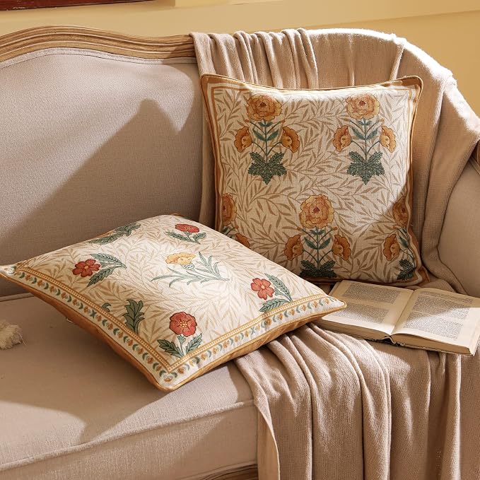 patdrea Vintage Linen Throw Pillow Cover,18"x18",Set of 2-RosaSilvestre A | French Decorative Pillow Case with Zipper,Yellow Floral Pattern,Cushion Coverfor Couch Living Room Bedroom
