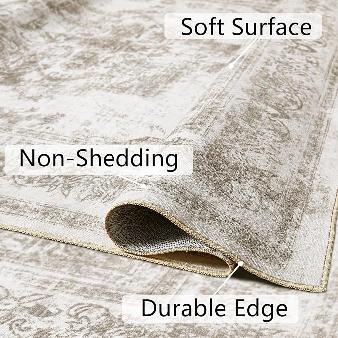 PureCozy Area Rug 4x6 Beige Washable Office Entryway Vintage Medallion Carpet Non Slip Retro Indoor Mat Low Pile Soft Distressed Small Rug for Bedroom Kitchen Laundry Dining Room