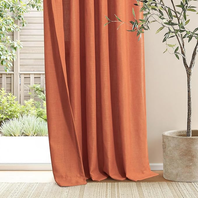 Pinch Pleat Burnt Orange Semi Sheer Curtains 102 Inches Long for Living Room 2 Panels Back Tab Thick Linen Pleated Drapes Hooks Rings Ocher Earth Tone Rustic Cabin Farmhouse Style Curtain for Bedroom