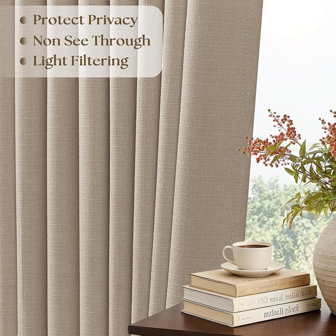 Burlywood Birch Pinch Pleat Linen Curtain 105 Inches Long for Living Room Back Tab Neutral Vintage Rustic Farmhouse Curtain Burlap Textured 105 Inch Tan Pinch Pleated Drape for Dinning Room Bedroom
