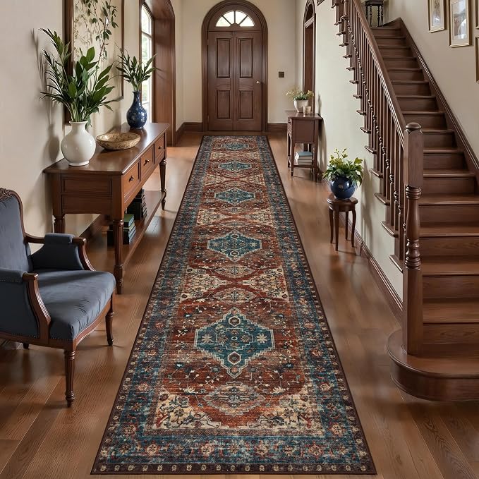 Tangsoo Oriental 2.6x14 Runner Rug for Hallways Non Slip, Washable Runner Rug, Soft Low Pile Long Rug Runners, Boho Print Distressed Carpet Runners for Kitchen Bedroom Entryway Living Room Rust