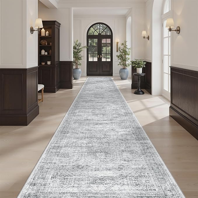 Soalmost Runner Rug 2'6" x 14' Washable Non-Slip Runner Rugs for Kitchen Bathroom Laundry Room Vintage Ultra Thin Runners for Hallway Entryway Grey