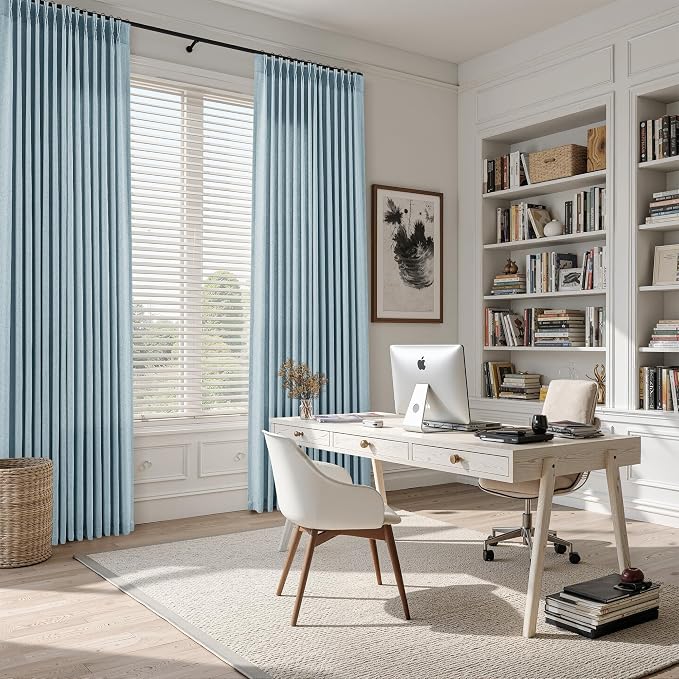 Light Blue Pinch Pleated Linen Curtains 84 Inches Long 2 Panels Set for Living Room Bedroom Modern Farmhouse Boho Semi Sheer Light Filtering Back Tab Draps with Hooks Rings 84 Inch Length for Nursery