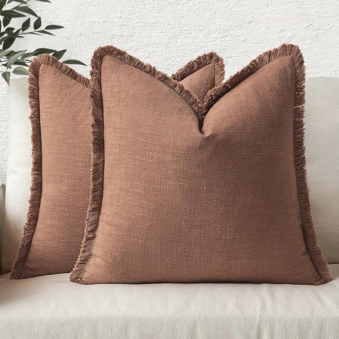 MIULEE Decorative Throw Pillow Covers Neutral Linen Fringe Throw Pillows Set of 2 Brick Boho Farmhouse Cushion Covers with Tassels for Couch Sofa Bed Living Room Fall Home Decor 18x18 Inch